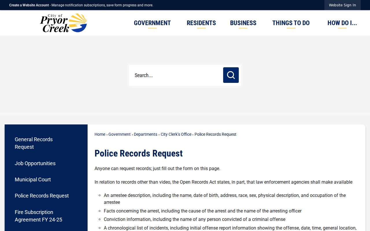 Mayes County city court warrant records and municipal records categories
